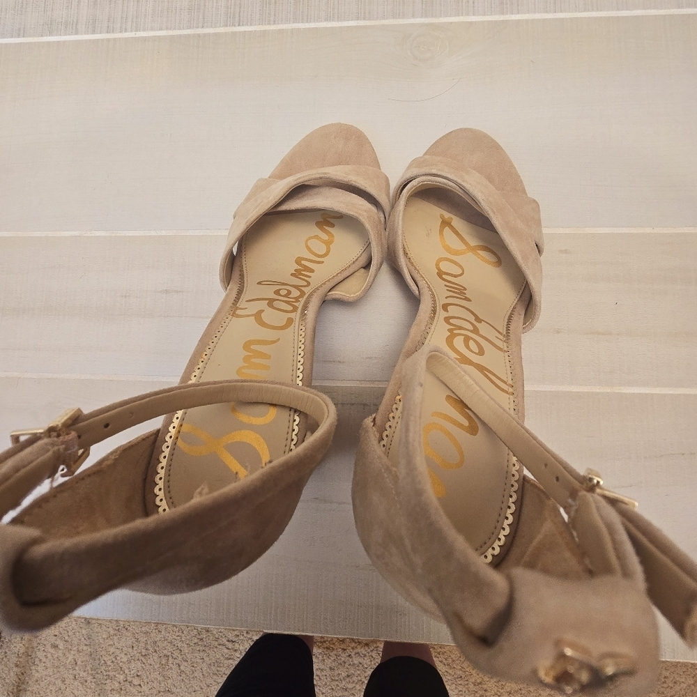 {10} Sam Edelman Yancy Block Heel Ankle Strap Sandal in Golden Caramel Suede - Picture 11 of 14